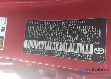 2021 Toyota Corolla Le from USA, damaged, VIN 5YFEPMAE5MP232320